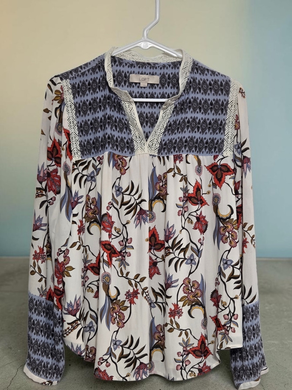 LOFT White Floral Lace-Yoke Blouse with Red & Blue Accents